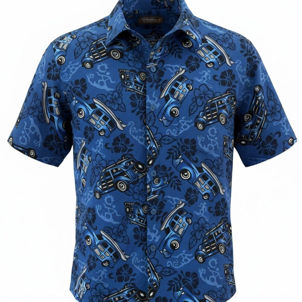 Urban Pipeline Men's Large Polyester Hawaiian Shirt Woody Cars Surfboards